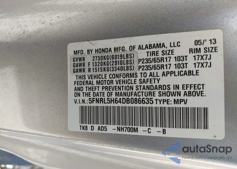 2013 Honda Odyssey Ex-L из США, поврежденный, VIN 5FNRL5H64DB086635